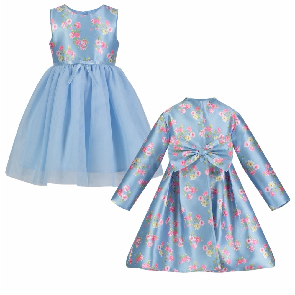 Blueberi Boulevard Girls Fit-and-Flare Dress and Floral Satin Coat Set Size 4